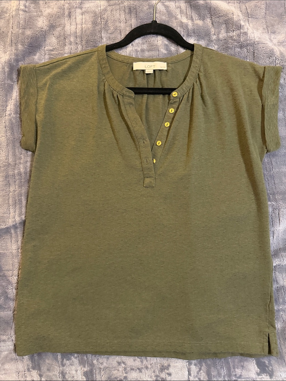 LOFT Olive Green Short Sleeve Henley Tee with Metallic Finish Buttons
